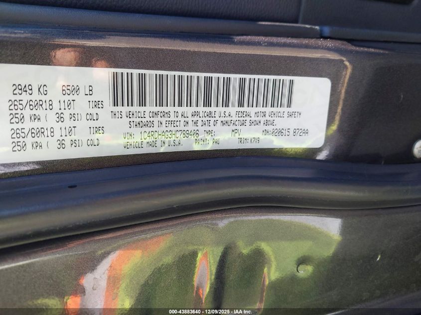 2017 Dodge Durango Sxt Rwd VIN: 1C4RDHAG3HC789406 Lot: 43883640