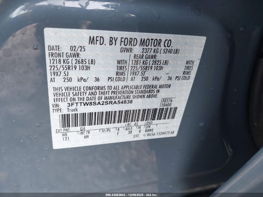 2025 Ford Maverick Lariat VIN: 3FTTW8SA2SRA54838 Lot: 43883643