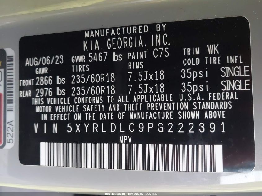 2023 Kia Sorento X-Line S VIN: 5XYRLDLC9PG222391 Lot: 43883648