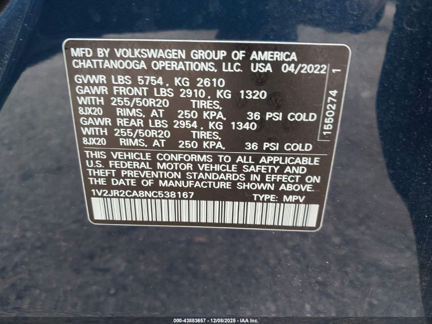 2022 Volkswagen Atlas 3.6L V6 Se W/Technology VIN: 1V2JR2CA8NC538167 Lot: 43883657