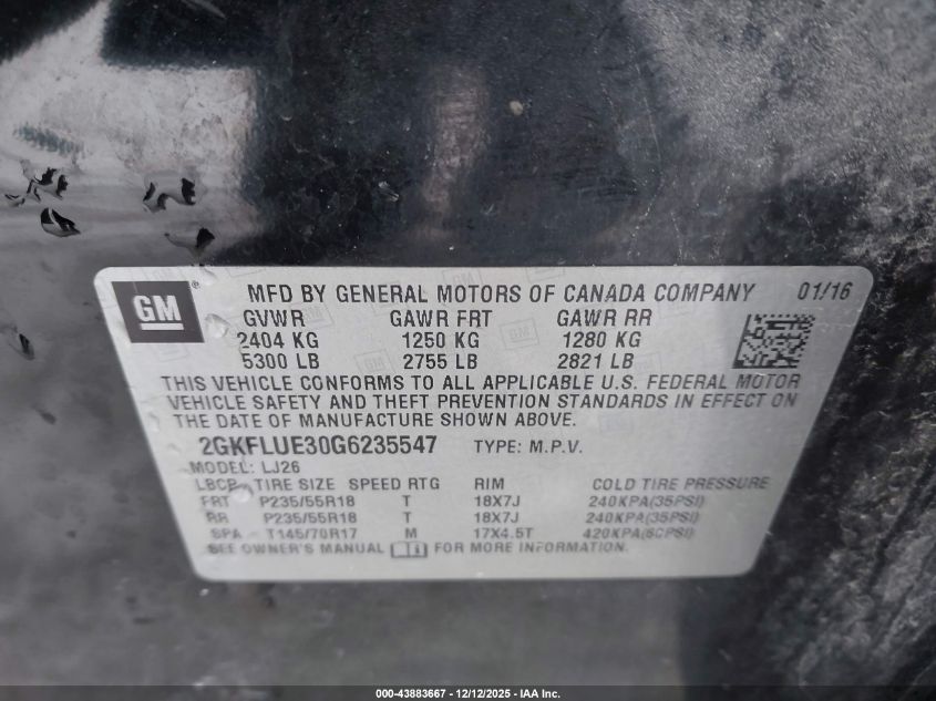 2016 GMC Terrain Slt VIN: 2GKFLUE30G6235547 Lot: 43883667