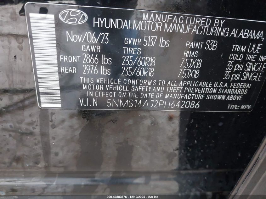 2023 Hyundai Santa Fe Se VIN: 5NMS14AJ2PH642086 Lot: 43883676