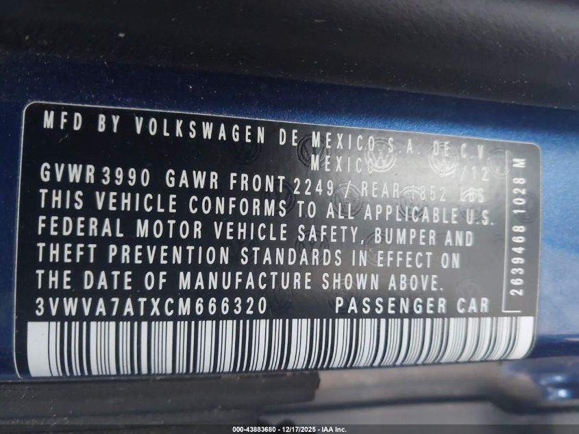 2012 Volkswagen Beetle 2.0T Turbo VIN: 3VWVA7ATXCM666320 Lot: 43883680