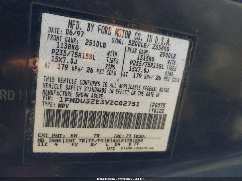 1997 Ford Explorer Eddie Bauer/Limited/Xl/Xlt VIN: 1FMDU32E3VZC02751 Lot: 43883682