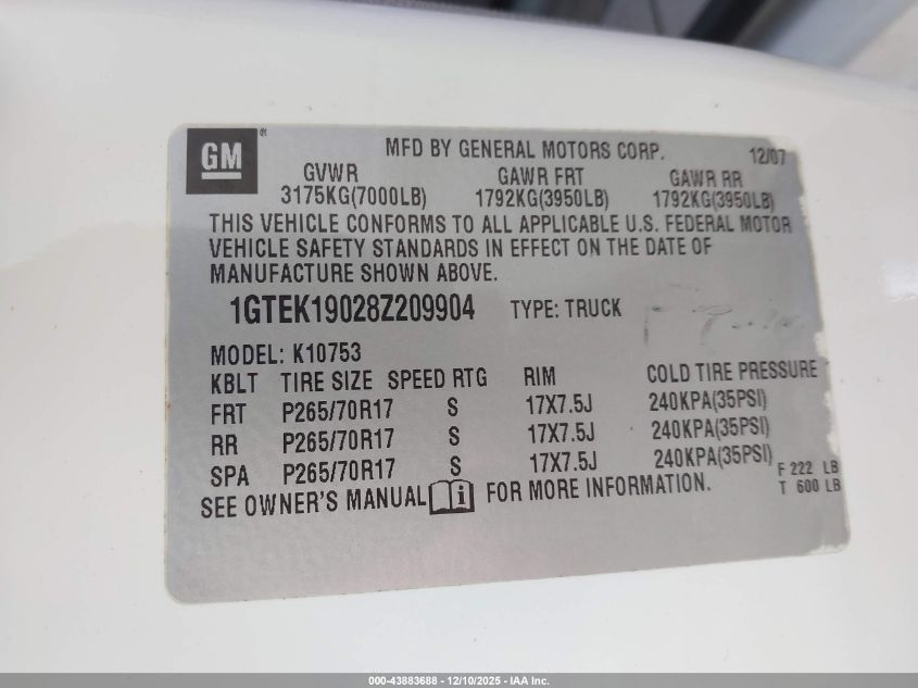 2008 GMC Sierra 1500 Sle1 VIN: 1GTEK19028Z209904 Lot: 43883688