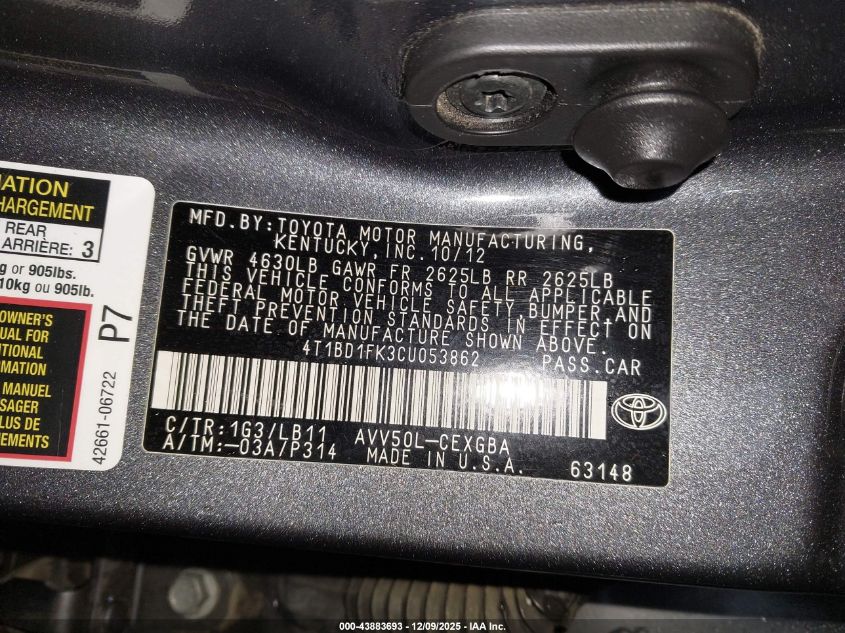 2012 Toyota Camry Hybrid Xle VIN: 4T1BD1FK3CU053862 Lot: 43883693