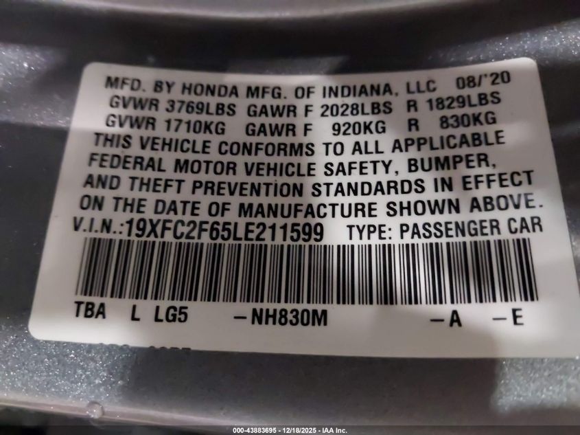 2020 Honda Civic Lx VIN: 19XFC2F65LE211599 Lot: 43883695