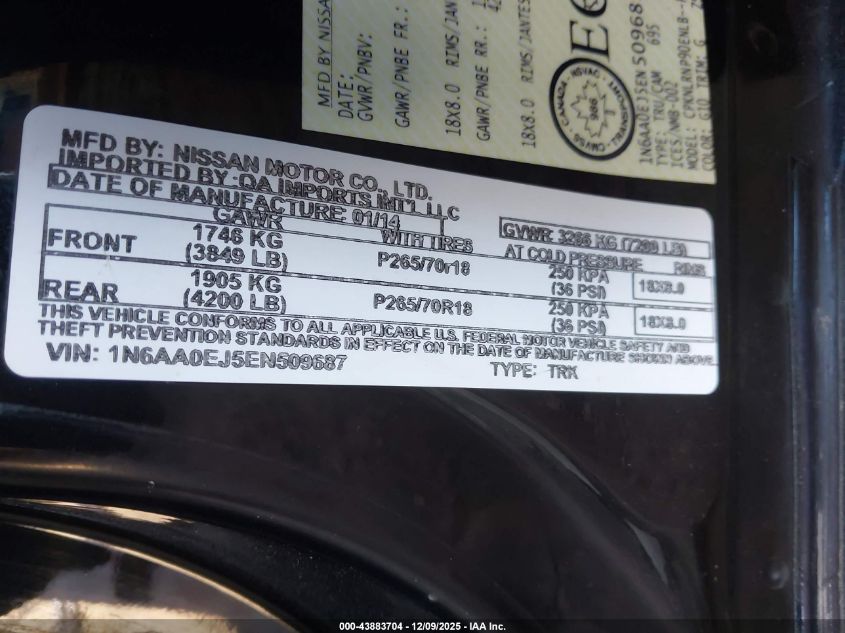 2014 Nissan Titan Pro-4X/S/Sl/Sv VIN: 1N6AA0EJ5EN509687 Lot: 43883704