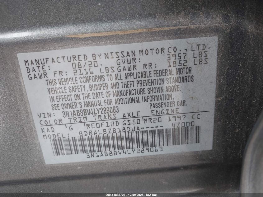 2020 Nissan Sentra S Xtronic Cvt VIN: 3N1AB8BV4LY289063 Lot: 43883723