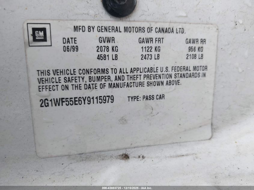 2000 Chevrolet Impala VIN: 2G1WF55E6Y9115979 Lot: 43883725