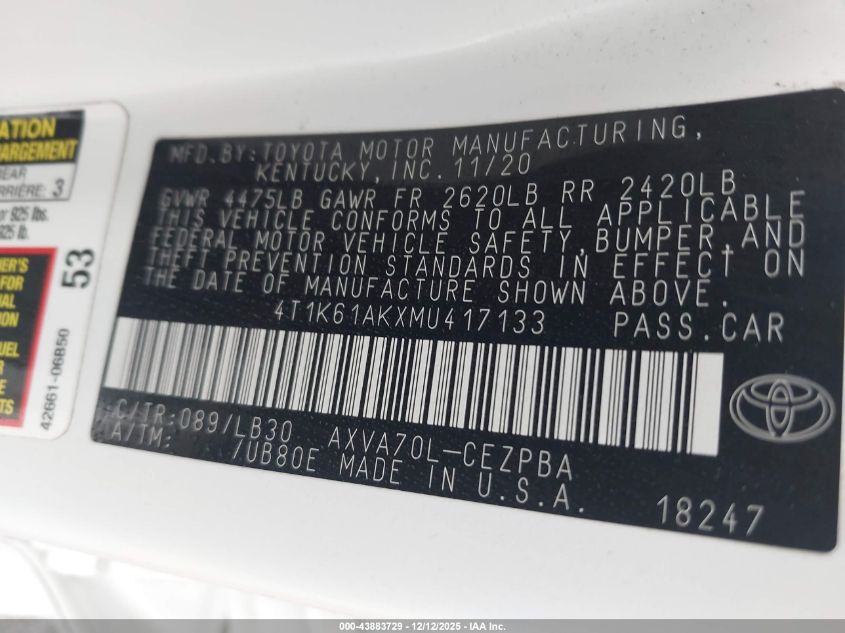 2021 Toyota Camry Xse VIN: 4T1K61AKXMU417133 Lot: 43883729