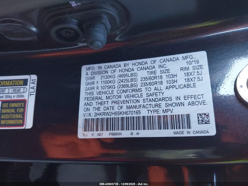 2019 Honda Cr-V Ex VIN: 2HKRW2H55KH670165 Lot: 43883739