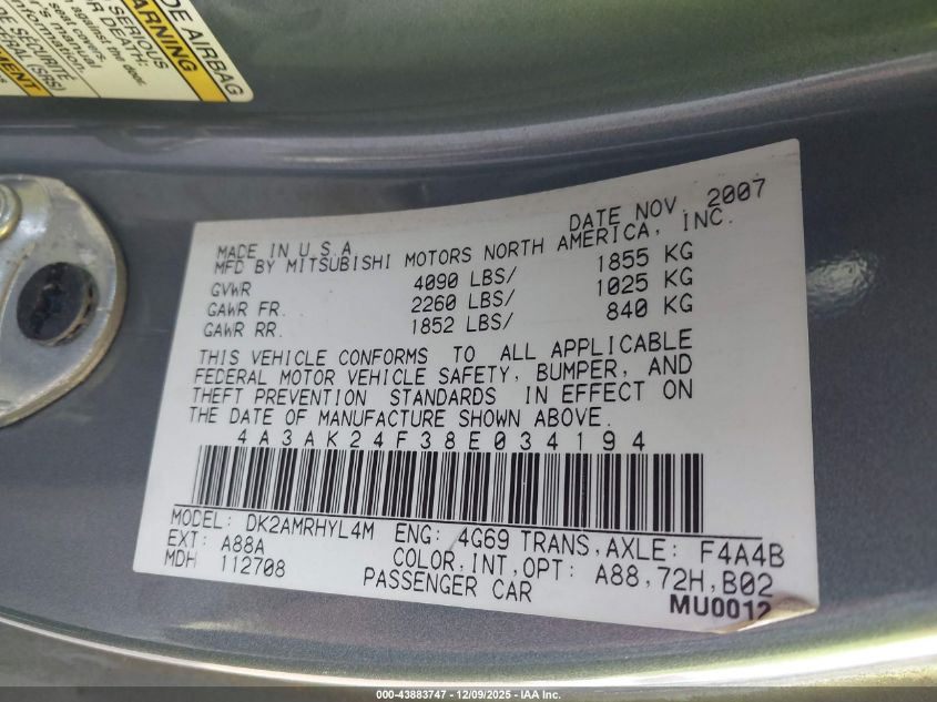 2008 Mitsubishi Eclipse Gs VIN: 4A3AK24F38E034194 Lot: 43883747