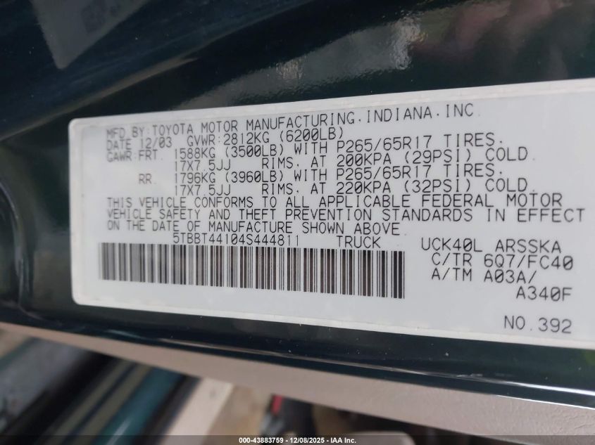 2004 Toyota Tundra Sr5 V8 VIN: 5TBBT44104S444811 Lot: 43883759