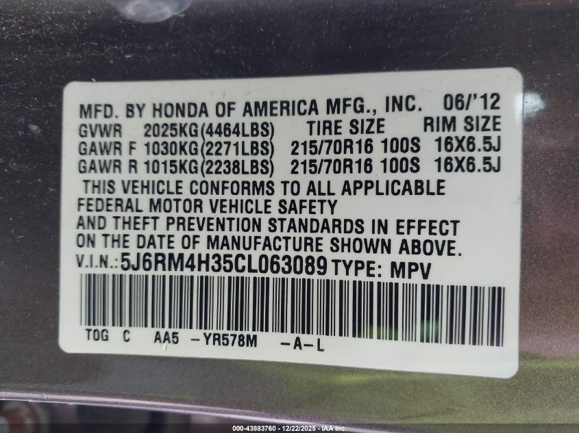 2012 Honda Cr-V Lx VIN: 5J6RM4H35CL063089 Lot: 43883760
