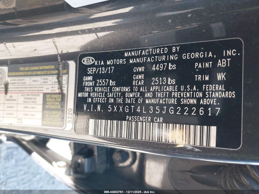 2018 Kia Optima S VIN: 5XXGT4L35JG222617 Lot: 43883761