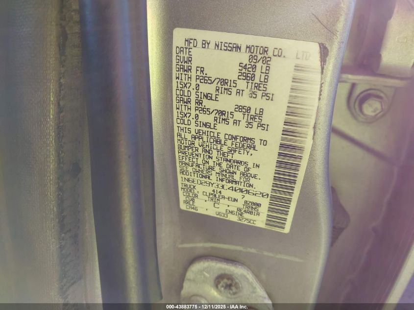 2003 Nissan Frontier Xe-V6 VIN: 1N6ED29Y33C400620 Lot: 43883775