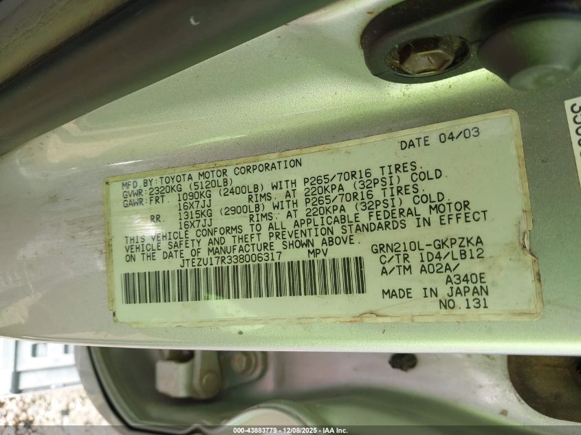 2003 Toyota 4Runner Limited V6 VIN: JTEZU17R338006317 Lot: 43883779