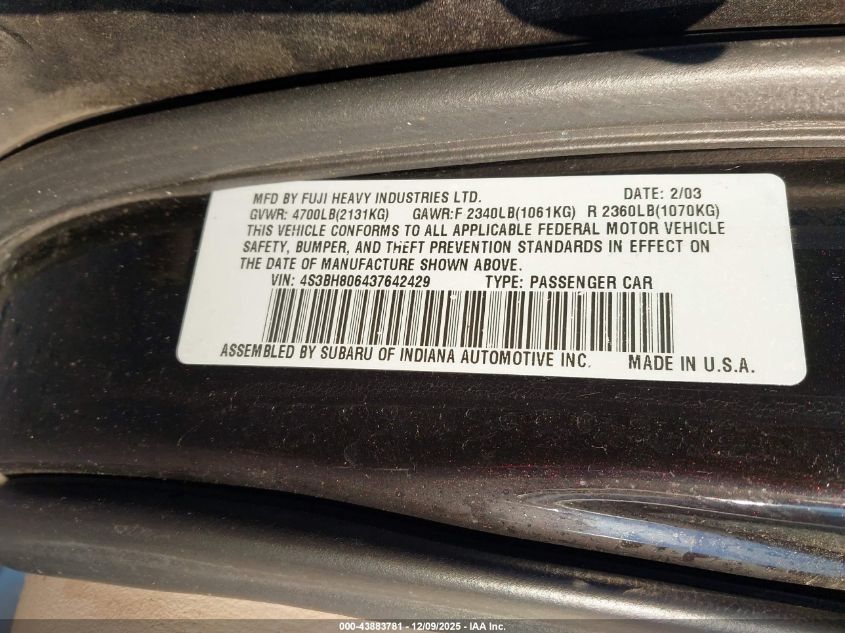 2003 Subaru Outback H6-3.0 L.l. Bean Edition VIN: 4S3BH806437642429 Lot: 43883781