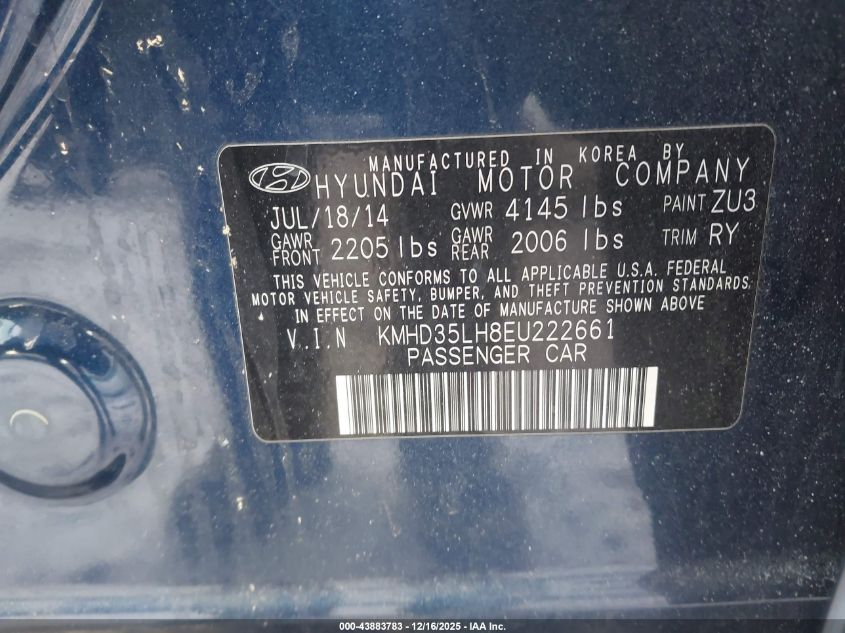 2014 Hyundai Elantra Gt VIN: KMHD35LH8EU222661 Lot: 43883783