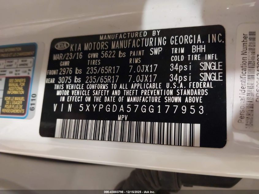 2016 Kia Sorento 3.3L Lx VIN: 5XYPGDA57GG177953 Lot: 43883798