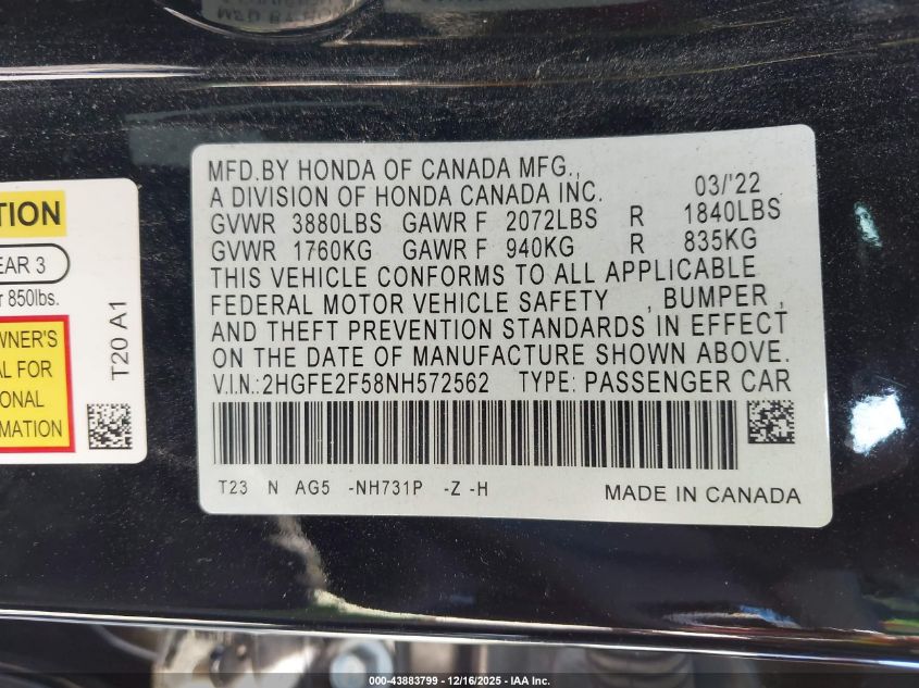 2022 Honda Civic Sport VIN: 2HGFE2F58N8572562 Lot: 43883799