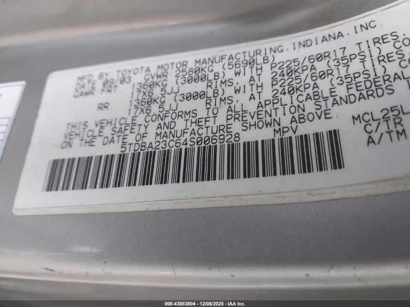 2004 Toyota Sienna Le VIN: 5TDBA23C64S006928 Lot: 43883804