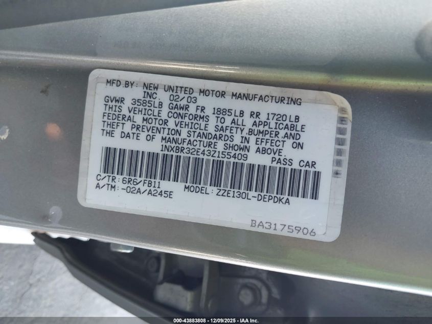 2003 Toyota Corolla Ce VIN: 1NXBR32E43Z155409 Lot: 43883808