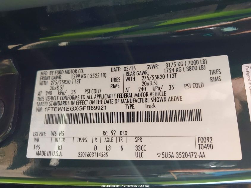 2016 Ford F-150 King Ranch VIN: 1FTEW1EGXGFB69921 Lot: 43883809