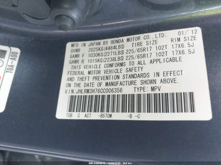 2012 Honda Cr-V Ex-L VIN: JHLRM3H76CC006356 Lot: 43883810