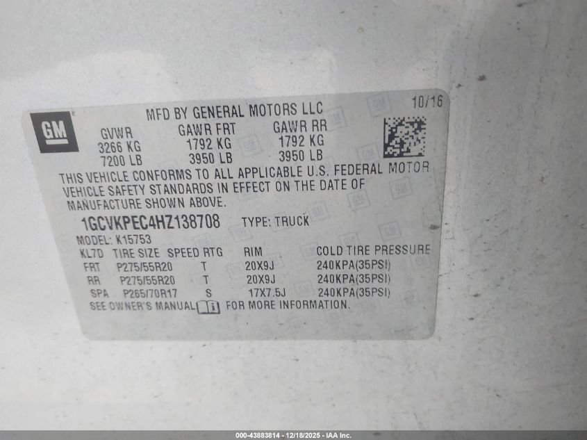 2017 Chevrolet Silverado 1500 Custom VIN: 1GCVKPEC4HZ138708 Lot: 43883814