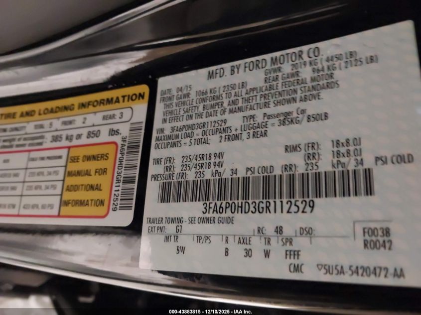 2016 Ford Fusion Se VIN: 3FA6P0HD3GR112529 Lot: 43883815