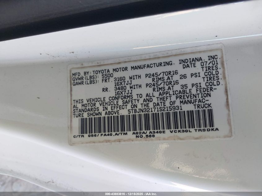 2001 Toyota Tundra VIN: 5TBJN32171S215931 Lot: 43883816