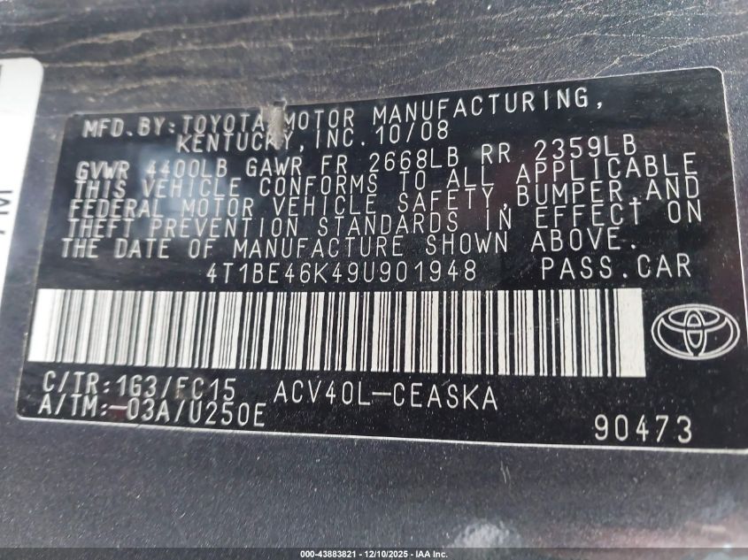 2009 Toyota Camry Se VIN: 4T1BE46K49U901948 Lot: 43883821