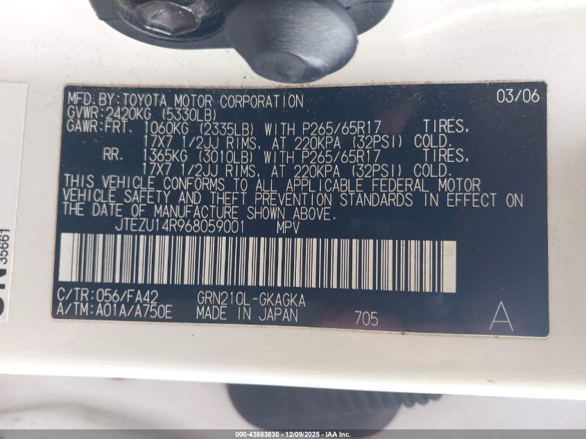 2006 Toyota 4Runner Sr5 V6 VIN: JTEZU14R968059001 Lot: 43883830