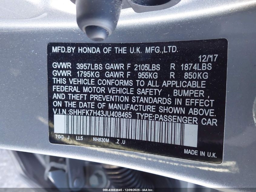 2018 Honda Civic Sport VIN: SHHFK7H43JU408465 Lot: 43883845