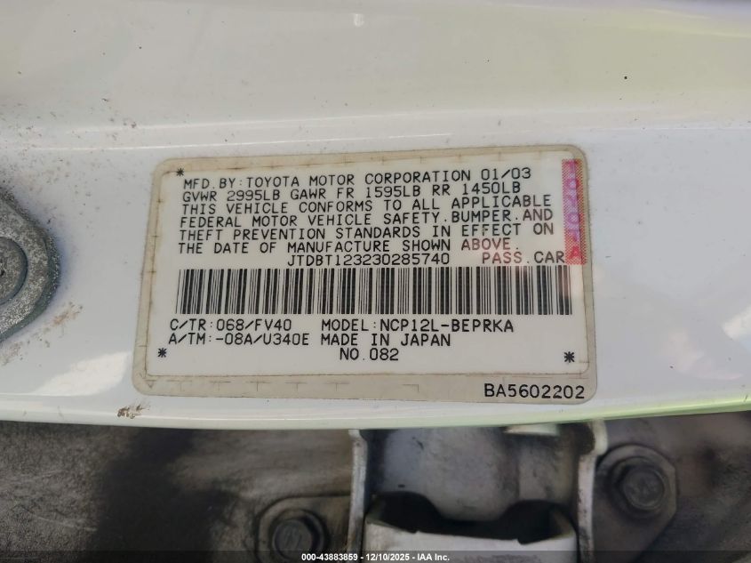 2003 Toyota Echo VIN: JTDBT123230285740 Lot: 43883859