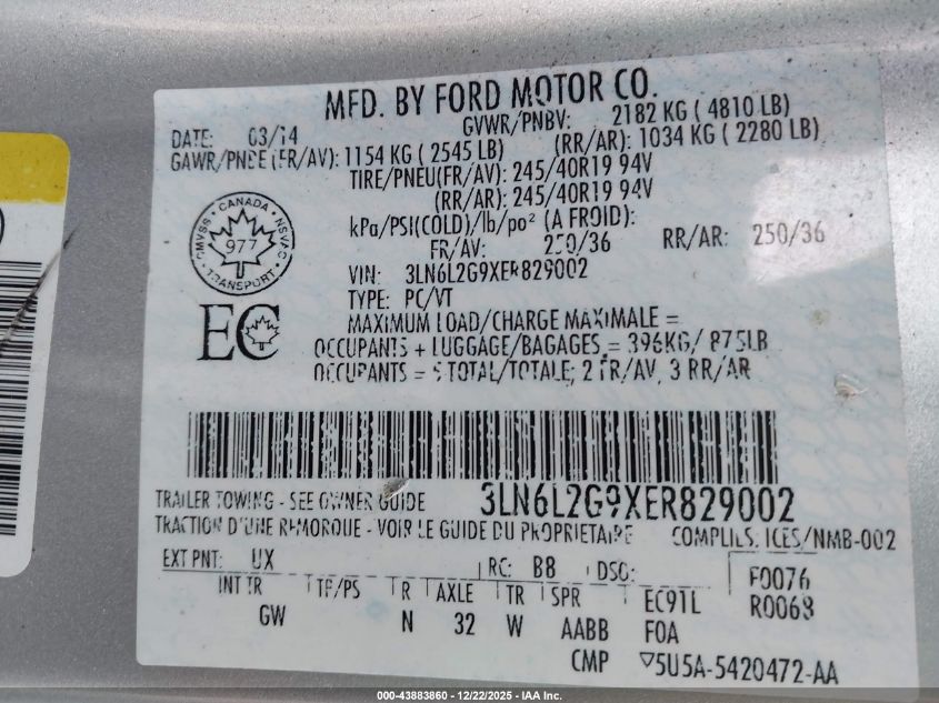 2014 Lincoln Mkz VIN: 3LN6L2G9XER829002 Lot: 43883860