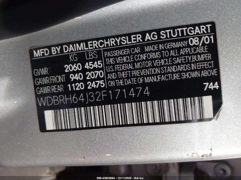 2002 Mercedes-Benz C 320 VIN: WDBRH64J32F171474 Lot: 43883864