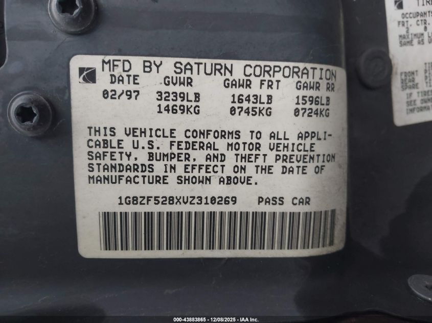 1997 Saturn Sl VIN: 1G8ZF528XVZ310269 Lot: 43883865
