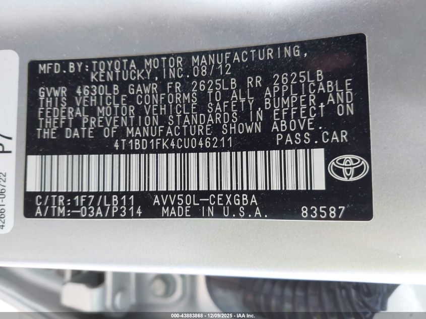 2012 Toyota Camry Hybrid Xle VIN: 4T1BD1FK4CU046211 Lot: 43883868