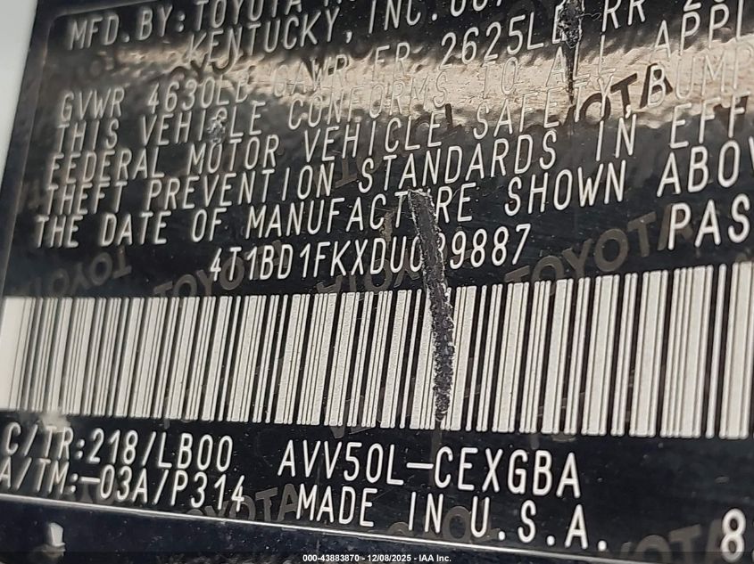 2013 Toyota Camry Hybrid Xle VIN: 4T1BD1FKXDU089887 Lot: 43883870