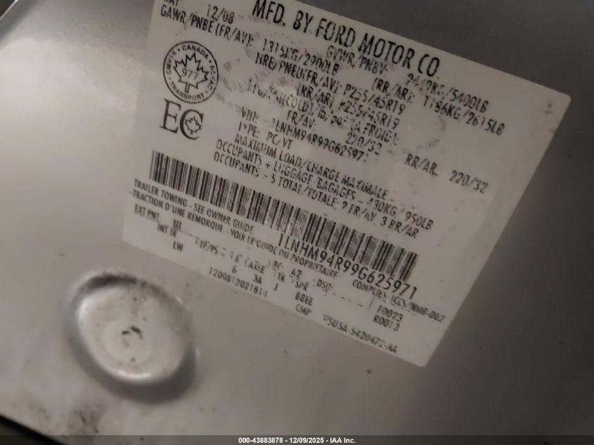 2009 Lincoln Mks VIN: 1LNHM94R99G625971 Lot: 43883878