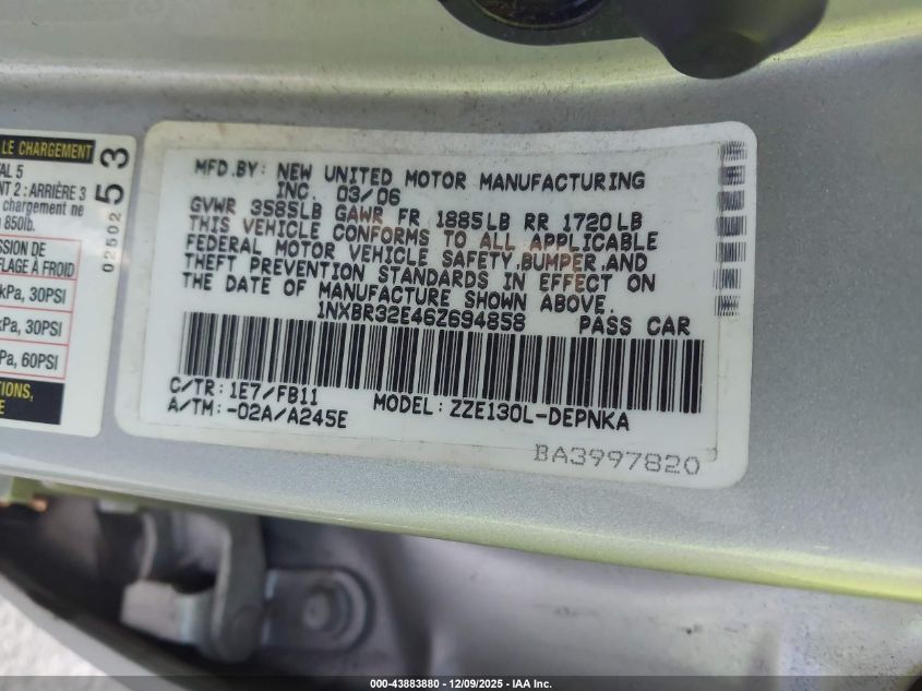 2006 Toyota Corolla Le VIN: 1NXBR32E46Z694858 Lot: 43883880