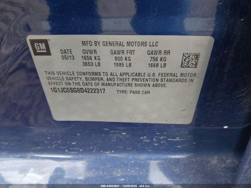 2013 Chevrolet Sonic Lt Auto VIN: 1G1JC6SG8D4222317 Lot: 43883881