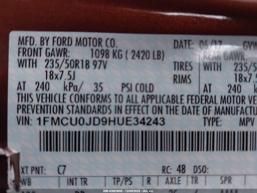 2017 Ford Escape Titanium VIN: 1FMCU0JD9HUE34243 Lot: 43883888