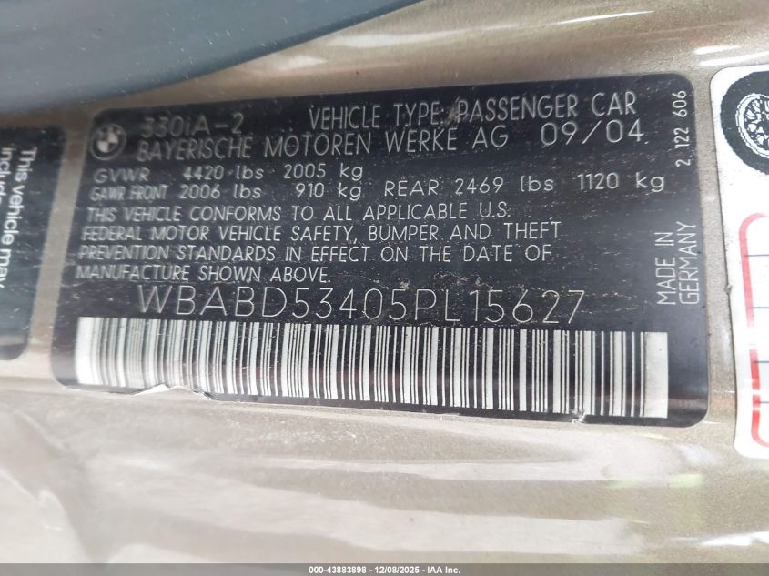 2005 BMW 330Ci VIN: WBABD53405PL15627 Lot: 43883898