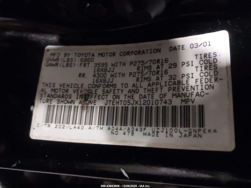 2001 Toyota Land Cruiser VIN: JTEHT05JX12010743 Lot: 43883906