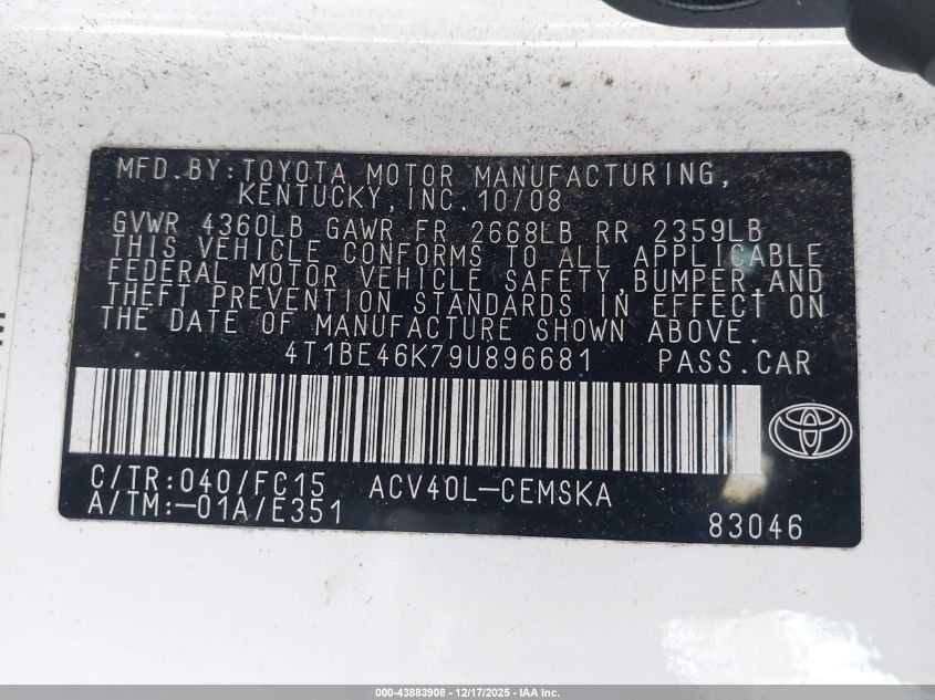 2009 Toyota Camry Se VIN: 4T1BE46K79U896681 Lot: 43883908