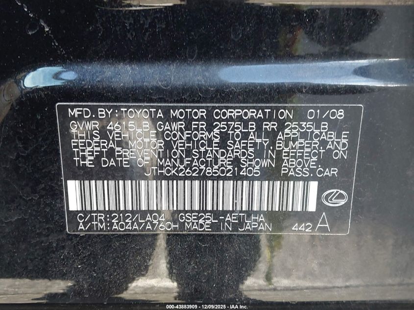 2008 Lexus Is 250 VIN: JTHCK262785021405 Lot: 43883909